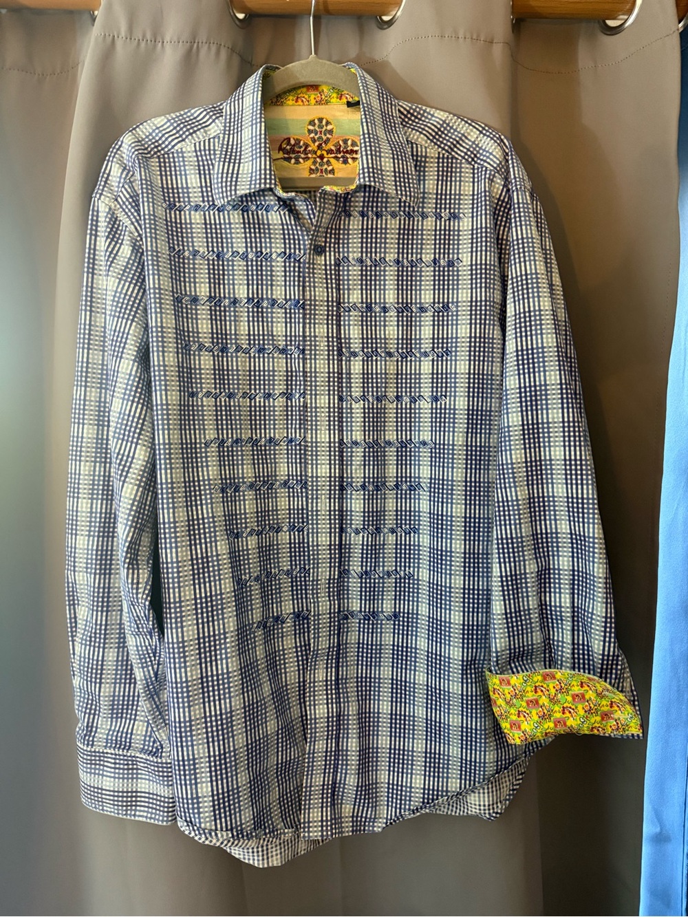 Robert Graham Navy and White Checked Button-Up Dress Shirt with Contrast Cuff
